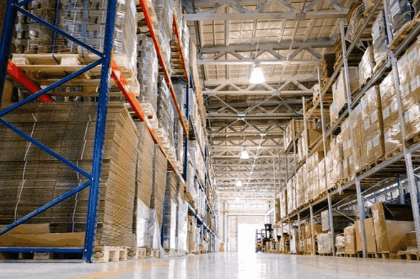 Storage racks in a warehouse